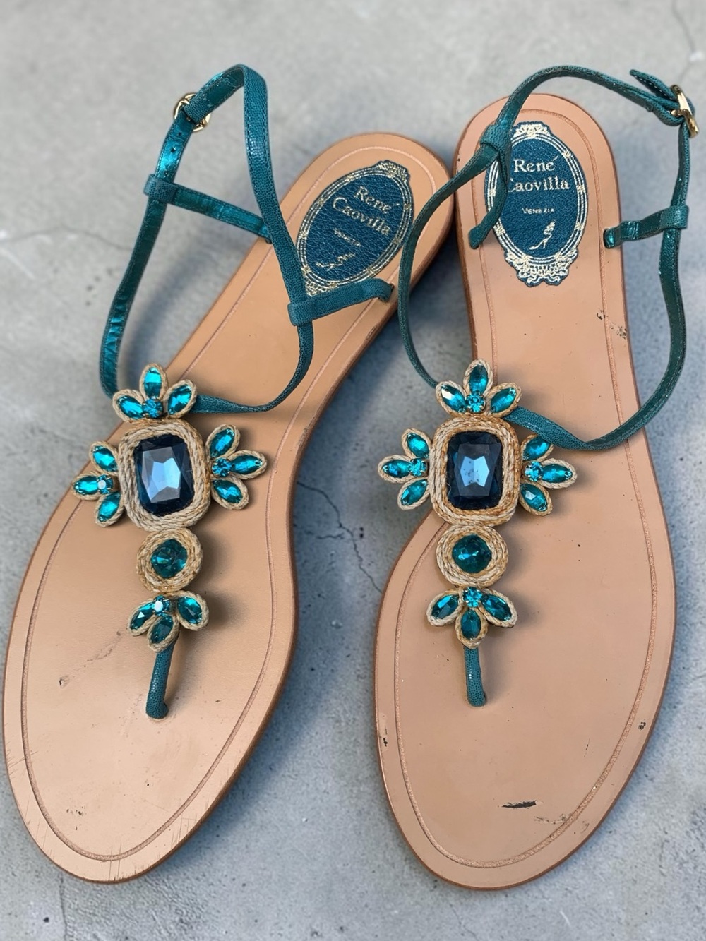 Rene Caovilla Teal Crystal Embellished T-Strap Sandals EU 41 US 11